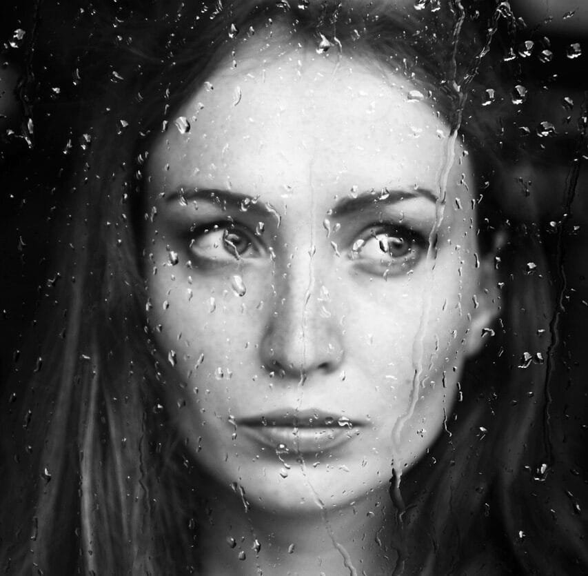 woman, rain, window